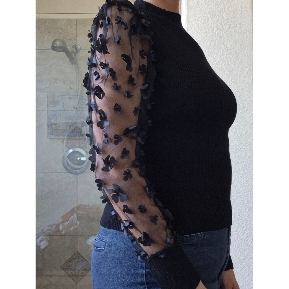 Almost Famous, Ribbed, Mock Sweater, with 3D Floral Mesh Sleeves - Picture 13 of 16